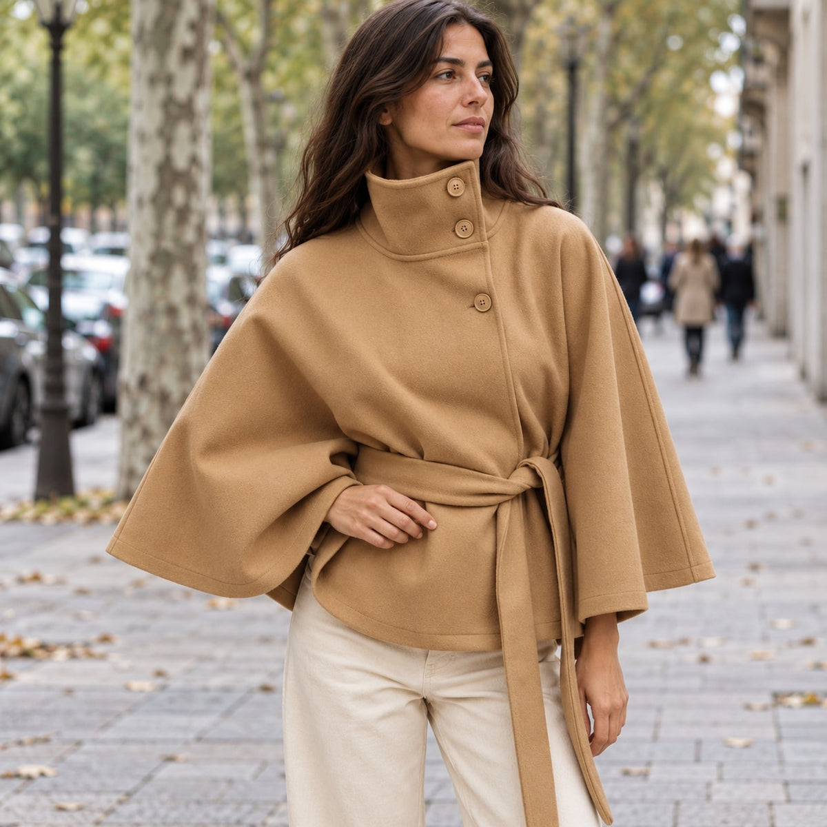 Lina - mantella con Collo Alto e Cintura da donna, colore cammello