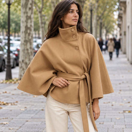 Lina - mantella con Collo Alto e Cintura da donna, colore cammello