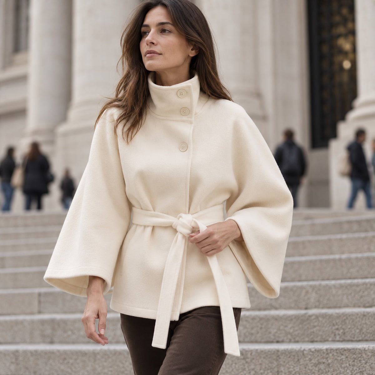 Lina - mantella con Collo Alto e Cintura da donna, colore panna