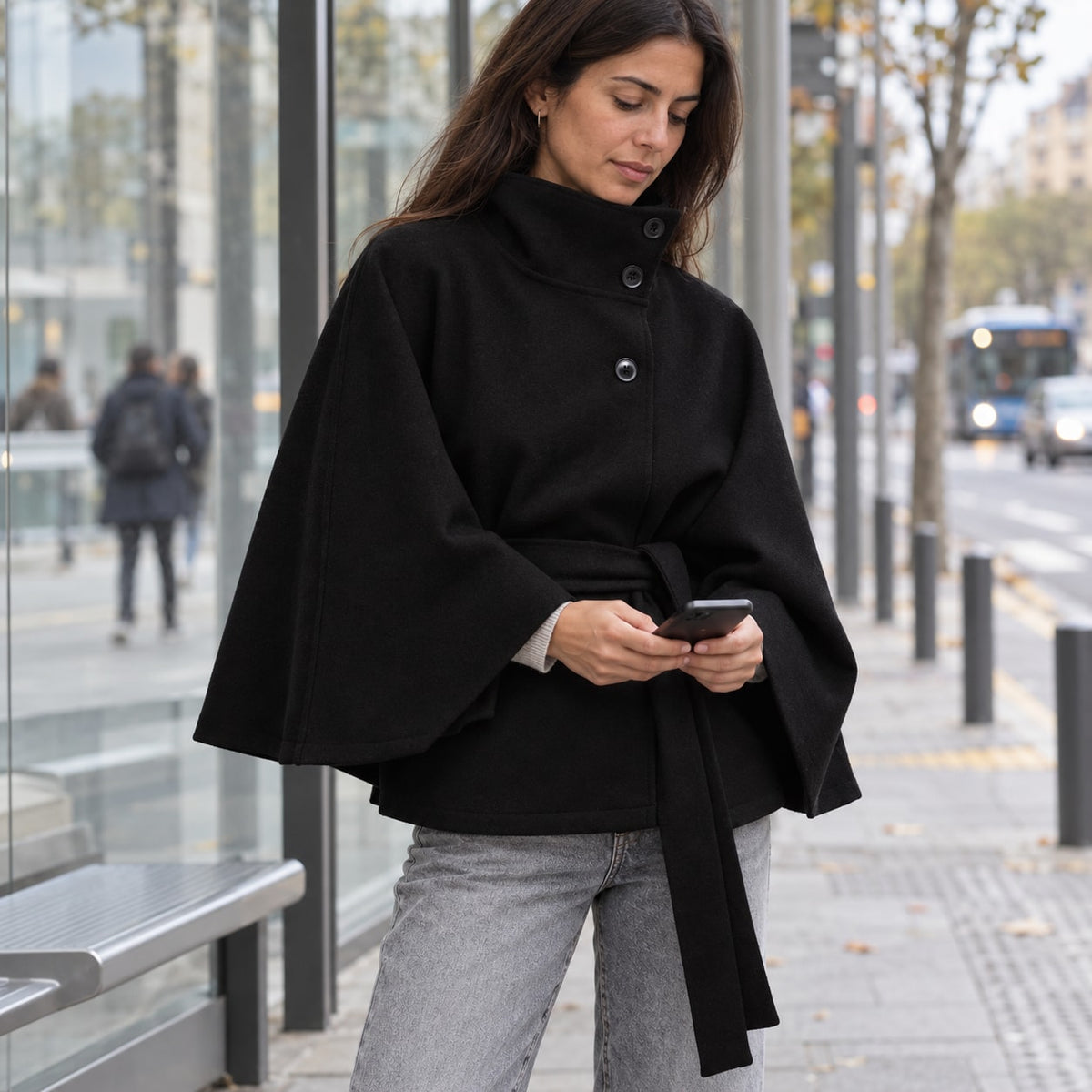 Lina - mantella con Collo Alto e Cintura da donna, colore nero
