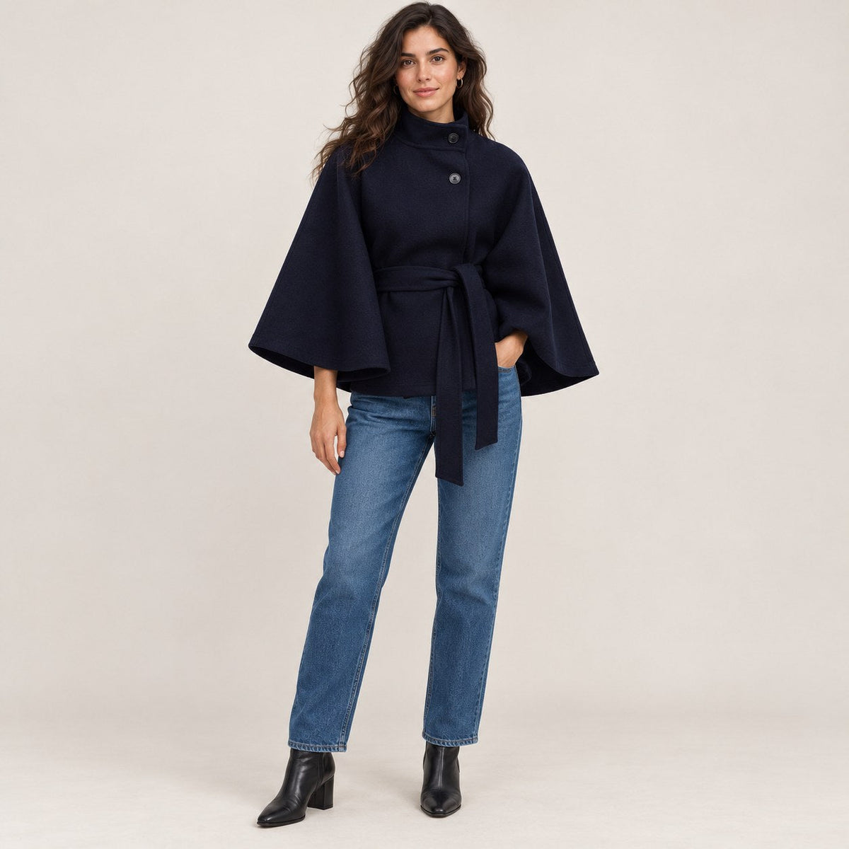 Lina - mantella con Collo Alto e Cintura da donna, colore blu navy, vista 23