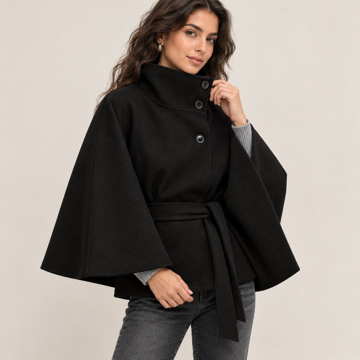 Lina - mantella con Collo Alto e Cintura da donna, colore nero, vista 14