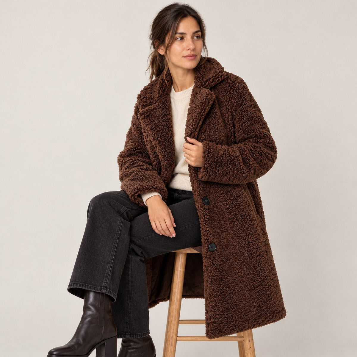 Annetta - cappotto Lungo in Teddy con Revers da donna, colore cioccolato, vista 8