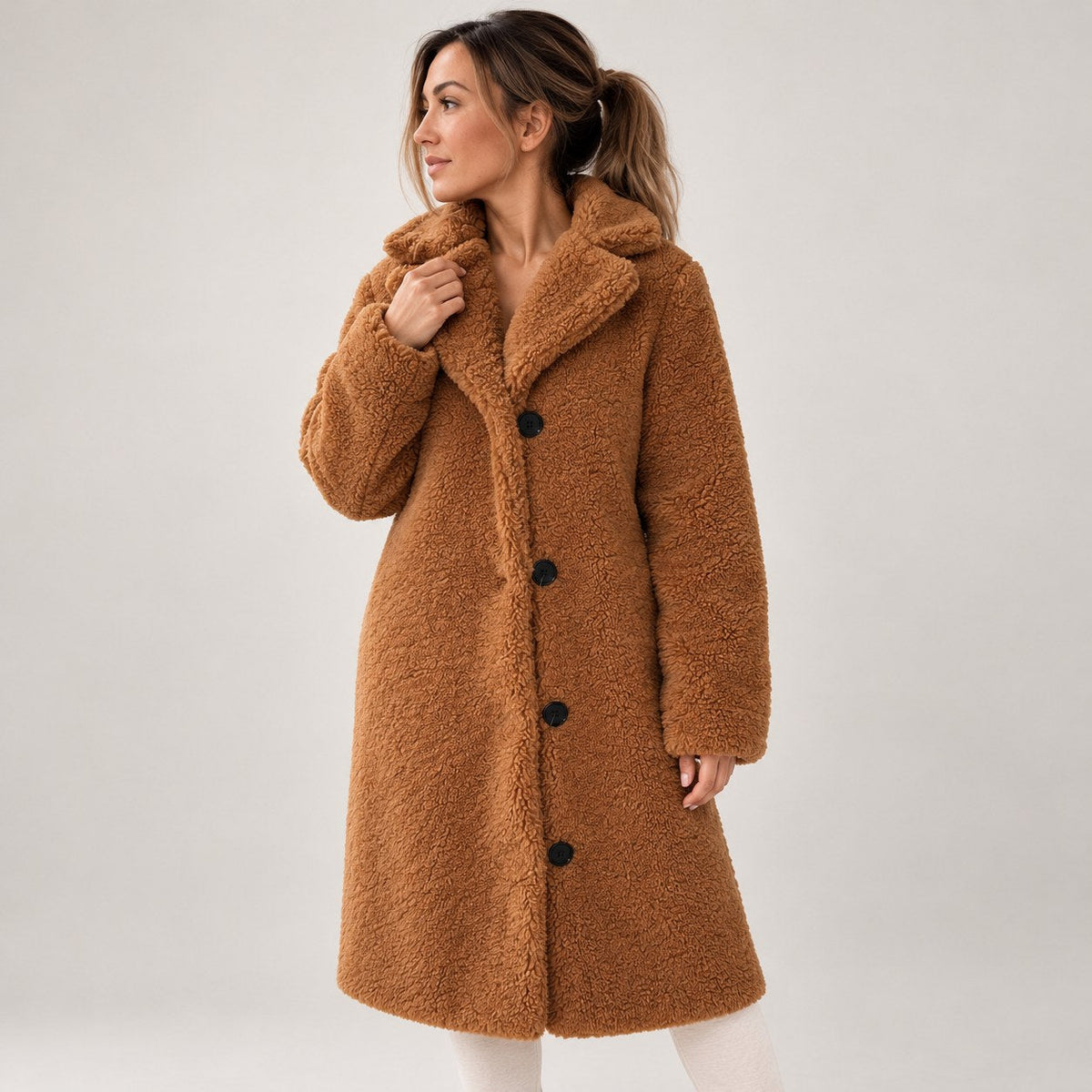 Annetta - cappotto Lungo in Teddy con Revers da donna, colore cognac, vista 15