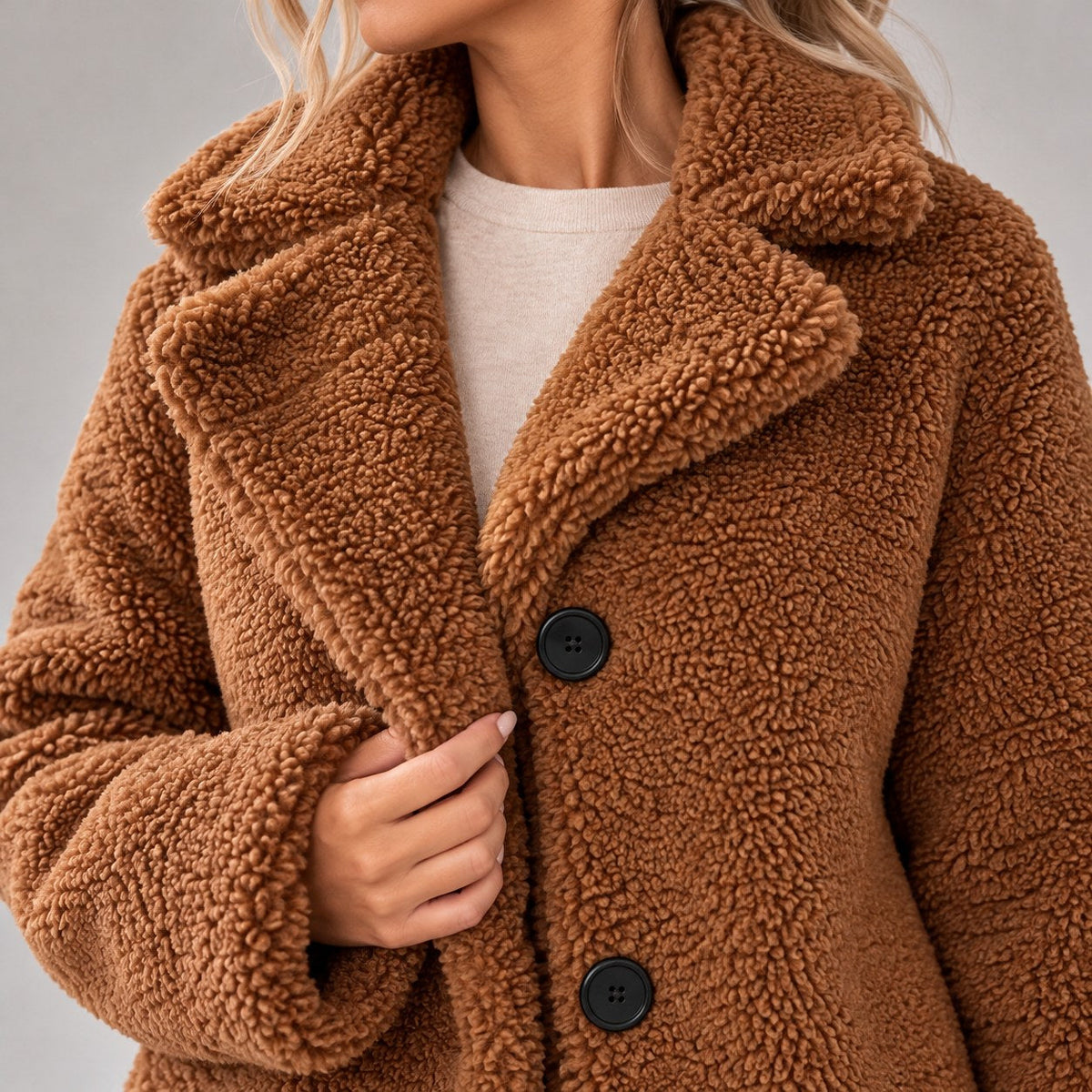 Annetta - cappotto Lungo in Teddy con Revers da donna, colore cognac, vista 16