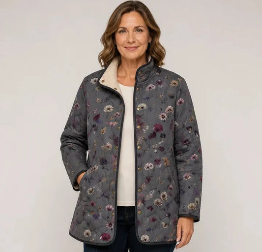 Barbara | Giacca Trapuntata Grigio Antracite a Fiori - Nora Valtieri