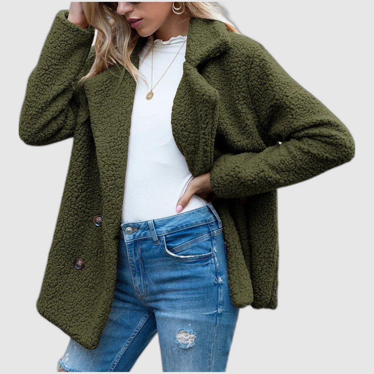 Giuditta - cappotto teddy con revers da donna, colore verde