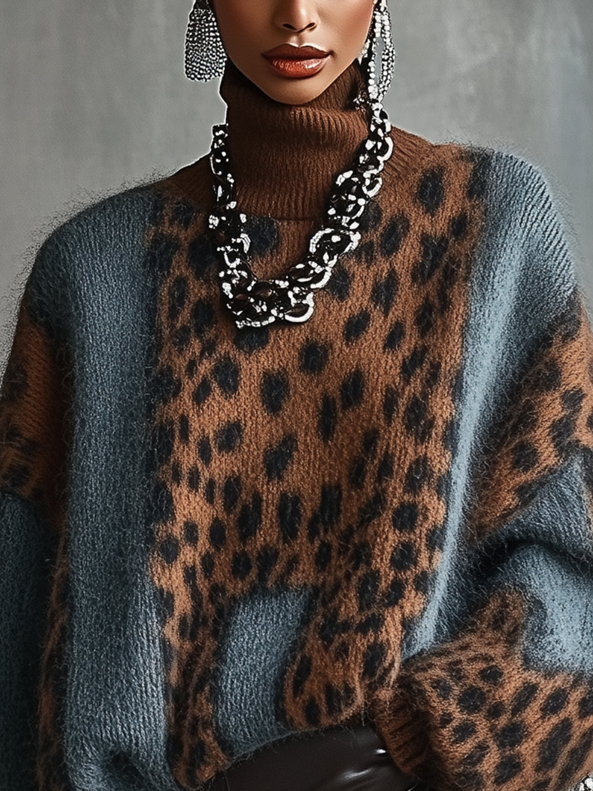 Rosalba - maglione Leopardato a Collo Alto da donna, colore leopardato, vista 3