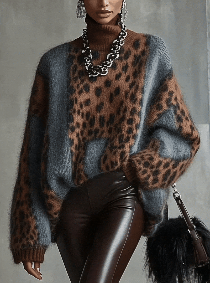 Rosalba - maglione Leopardato a Collo Alto da donna, colore leopardato, vista 2