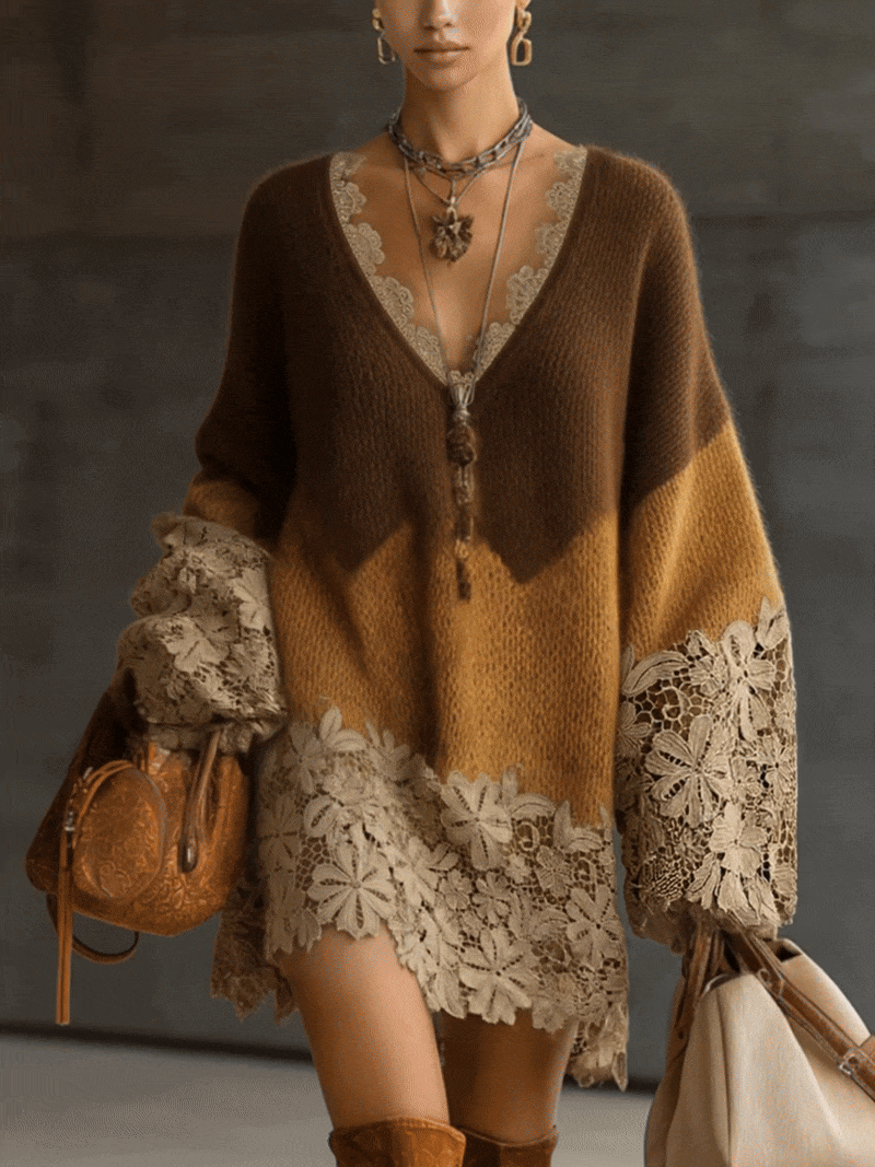 Brunella - mini Abito in Maglia Sfumata con Pizzo da donna, colore marrone sfumato, vista 2