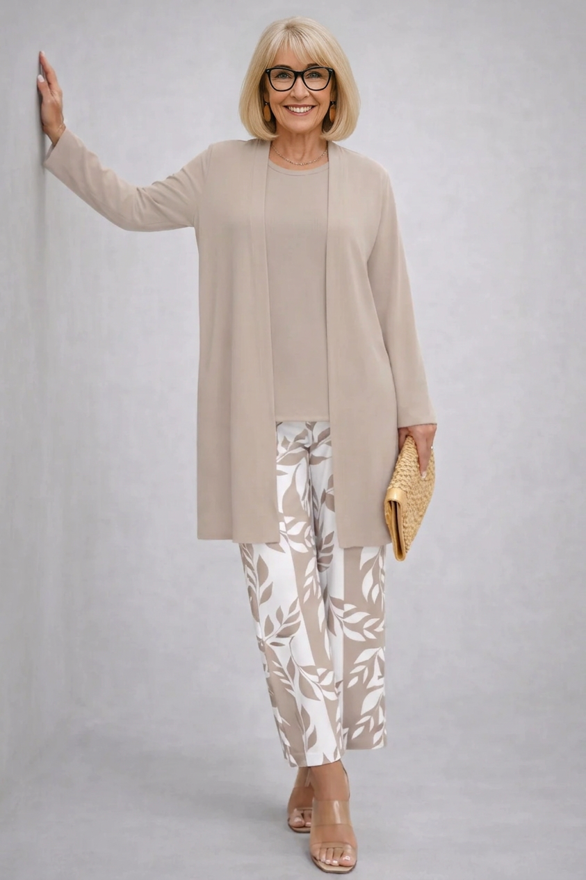 Marilena - Completo tre pezzi con cardigan lungo Crema