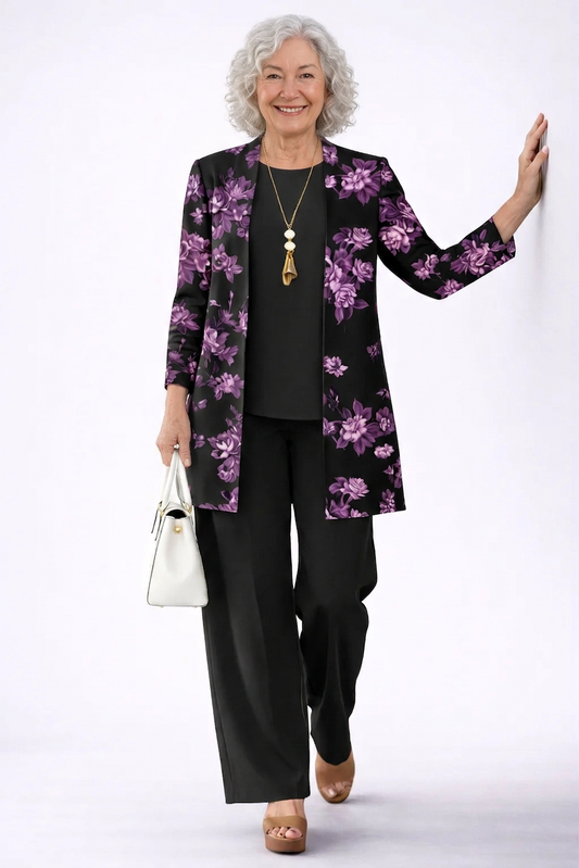 Domenica - Completo tre pezzi con cardigan lungo Viola e Nero