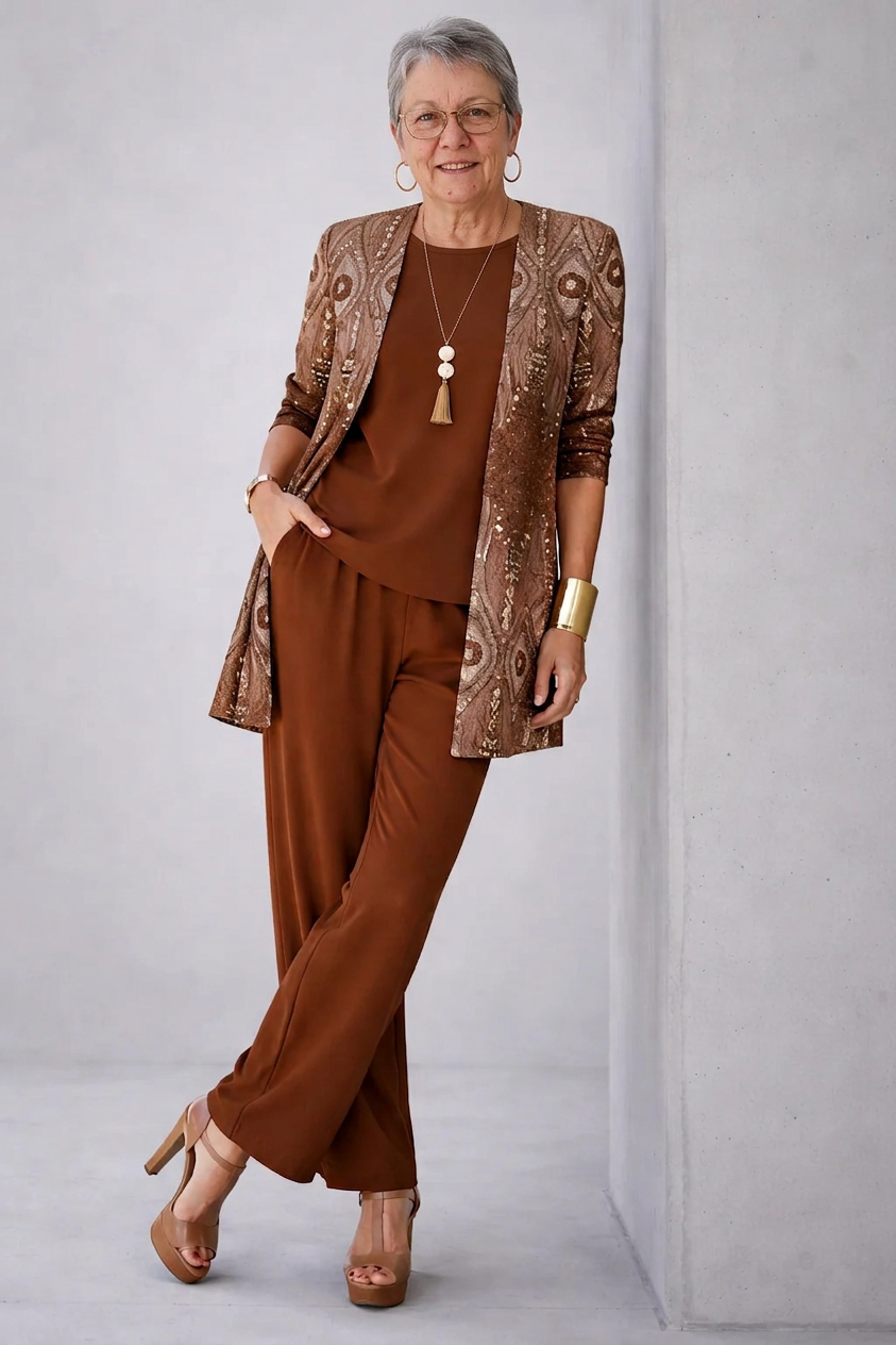 Clementina - Completo tre pezzi con cardigan lungo Ruggine
