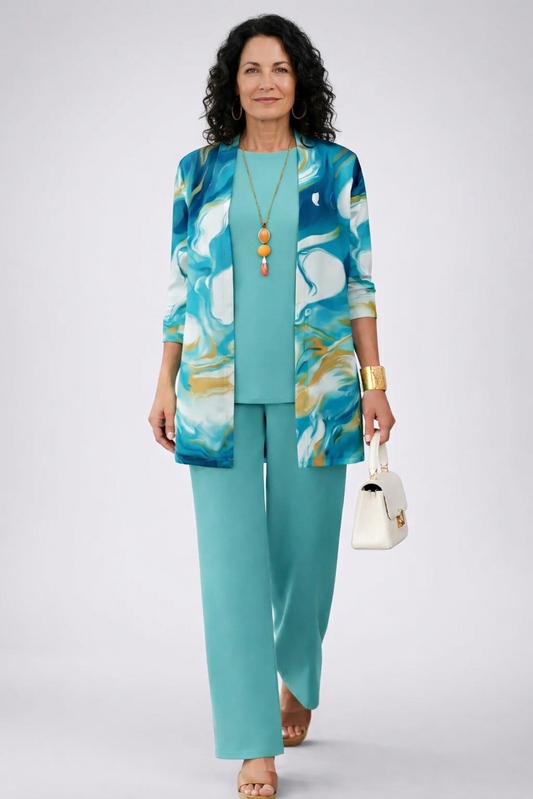 Zita - Completo tre pezzi con cardigan lungo Turchese