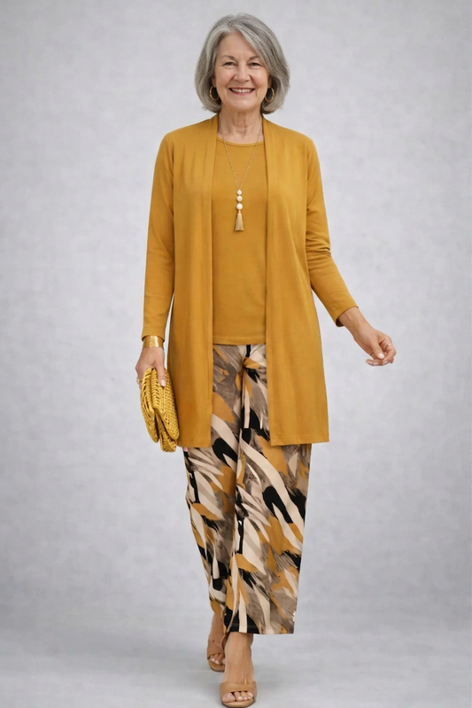 Rossana - Completo tre pezzi con cardigan lungo Senape