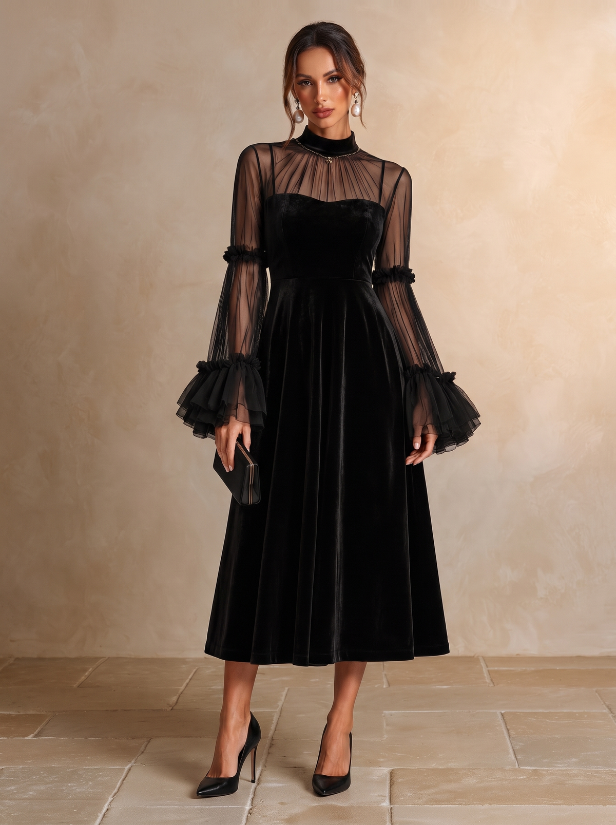 Stefania | Abito Midi in Velluto Nero