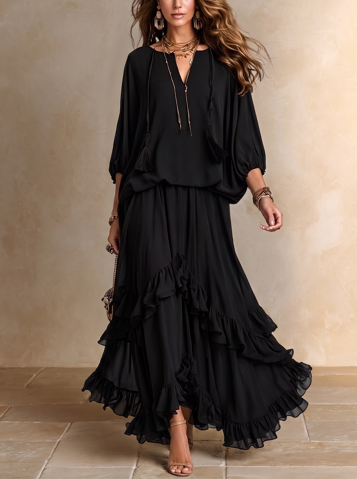 Elvira | Completo in Chiffon Nero con Volant