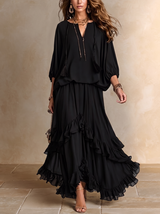 Elvira | Completo in Chiffon Nero con Volant