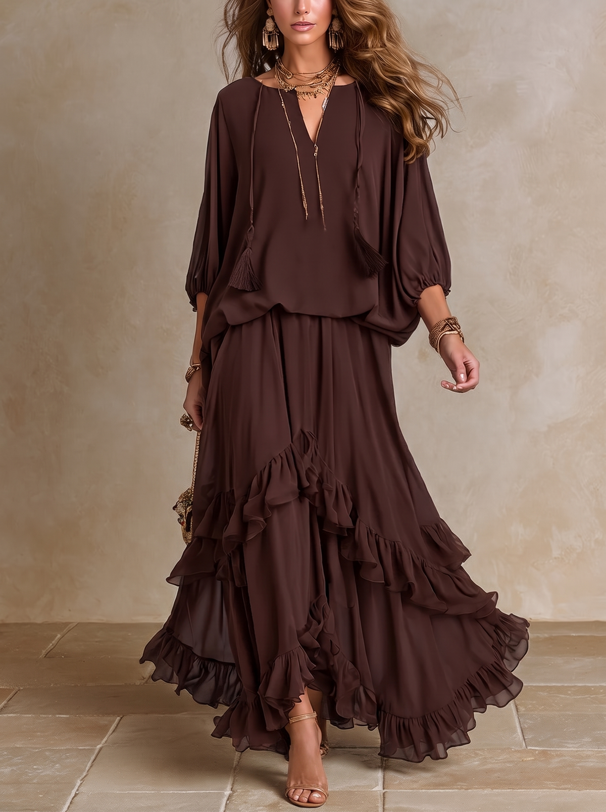 Manuela | Completo in Chiffon Marrone con Volant