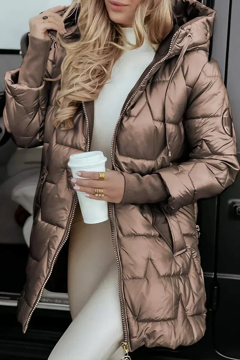 Clotilde - piumino lungo con cappuccio da donna, colore marrone