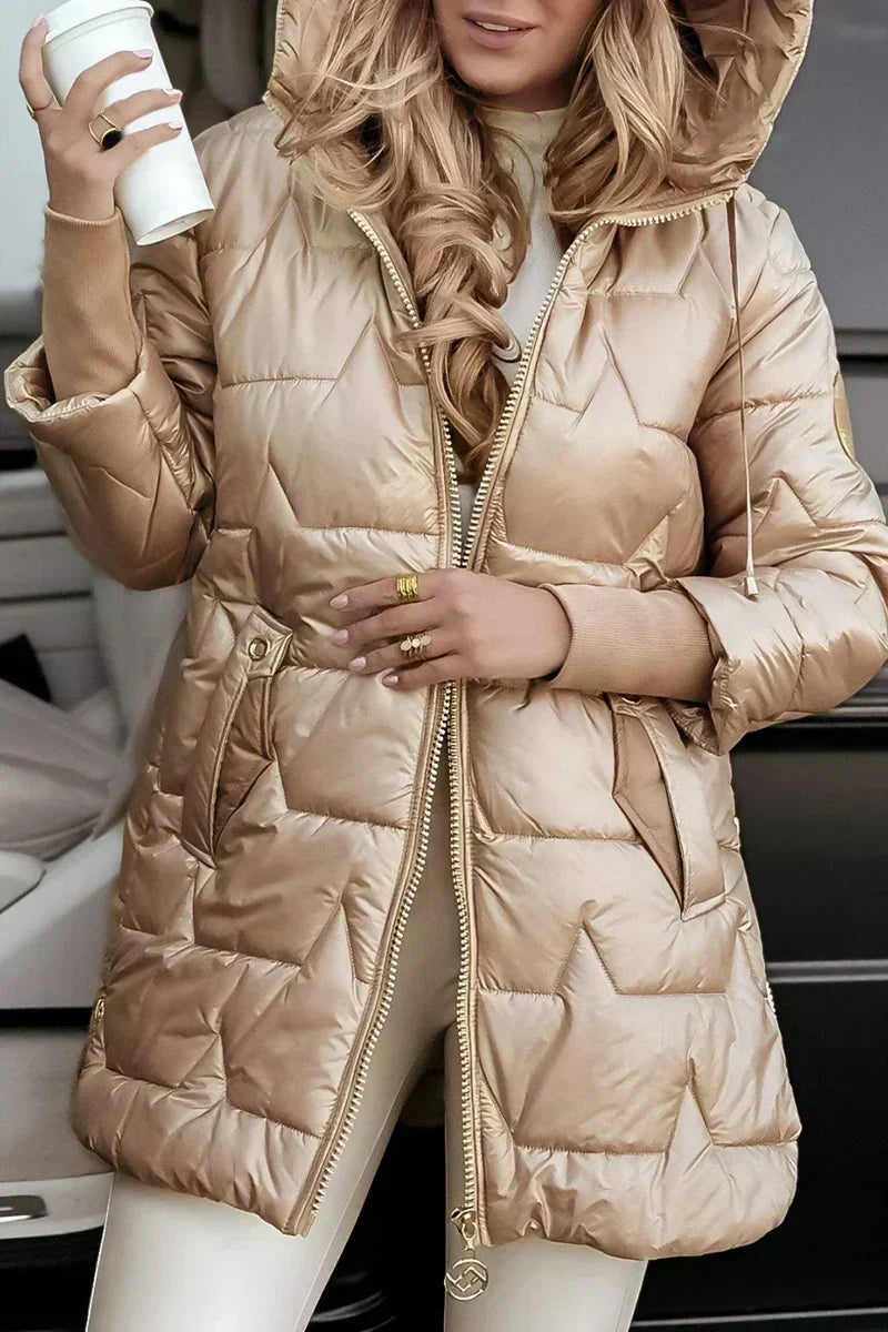 Clotilde - piumino lungo con cappuccio da donna, colore beige, vista 3