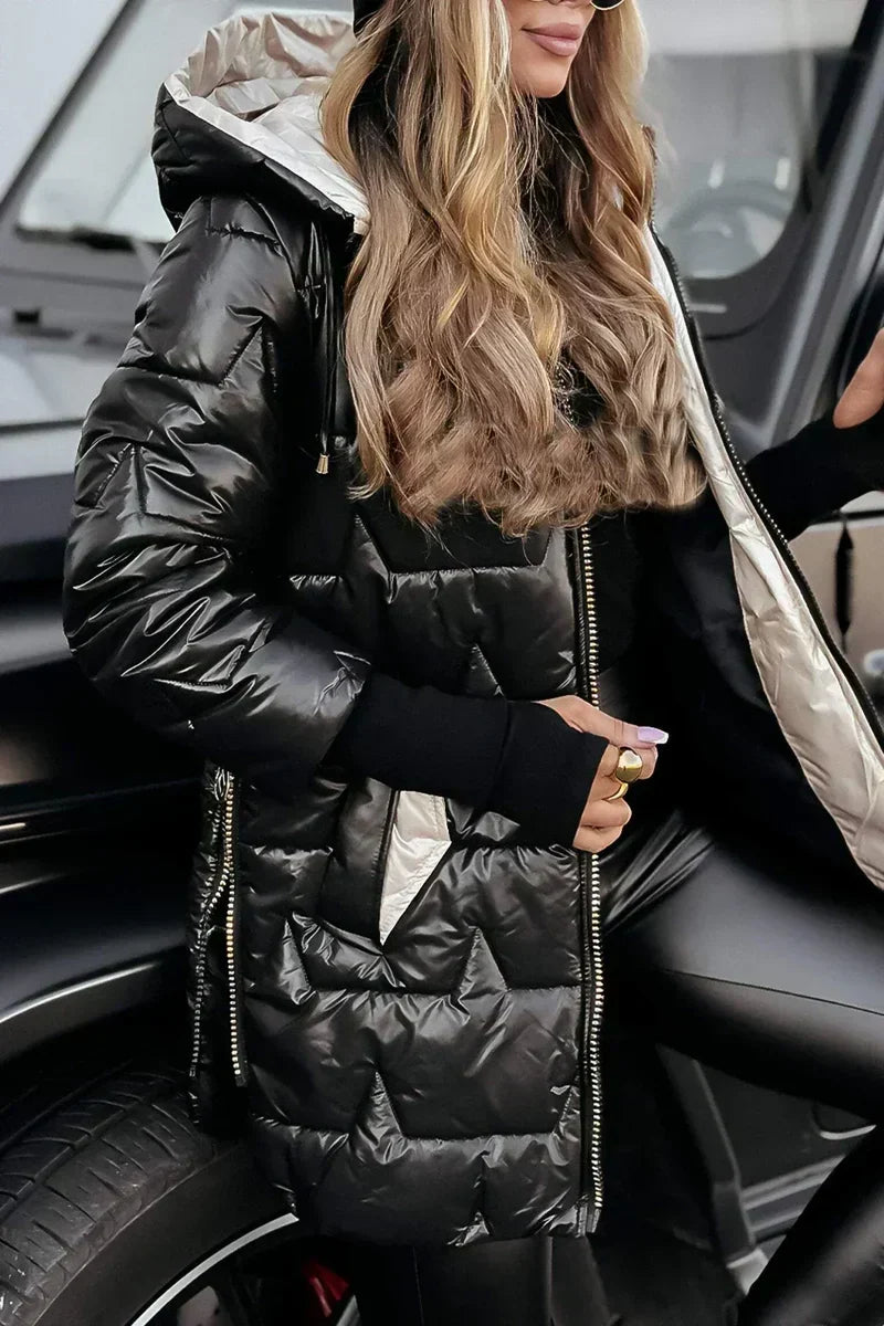 Clotilde - piumino lungo con cappuccio da donna, colore nero
