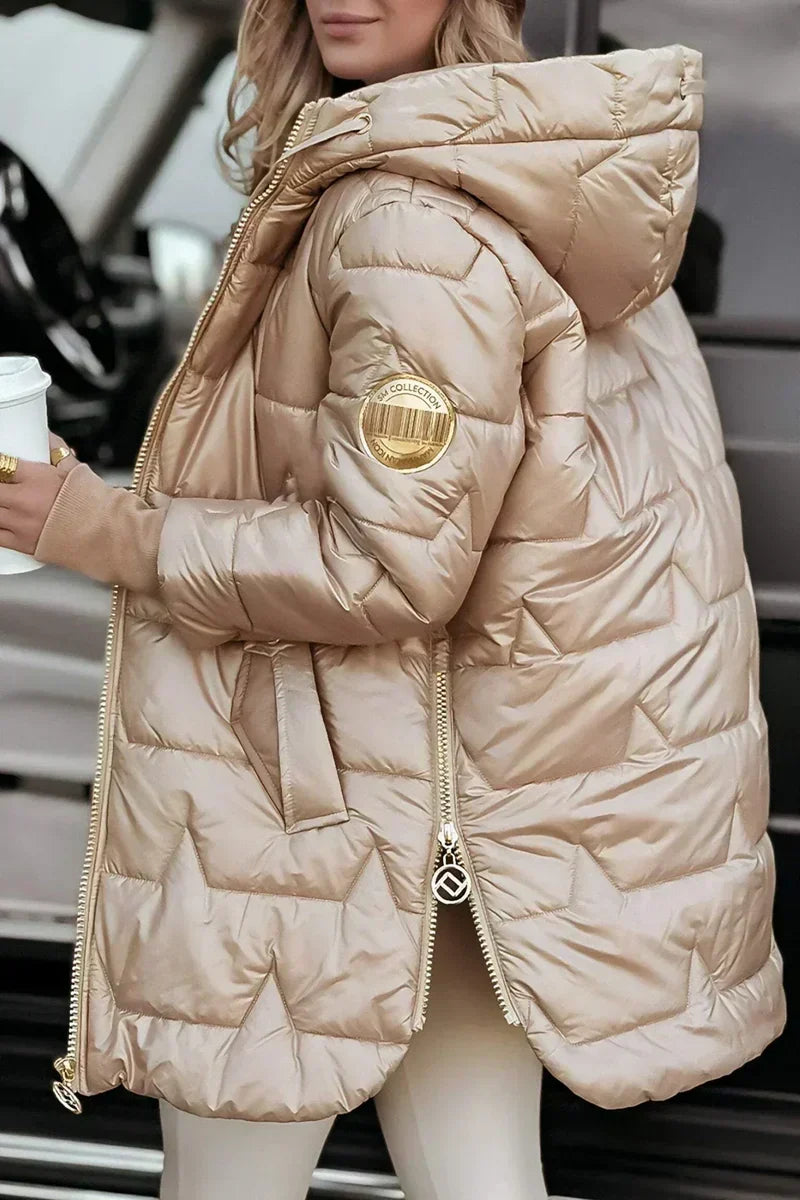 Clotilde - piumino lungo con cappuccio da donna, colore beige, vista 2