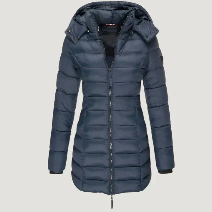 Sibilla - giacca invernale lunga imbottita da donna, colore blu