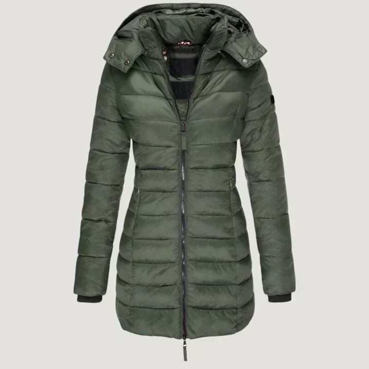 Sibilla - giacca invernale lunga imbottita da donna, colore verde