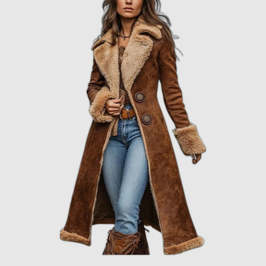 Dalila - cappotto lungo con collo in pelo da donna, colore marrone