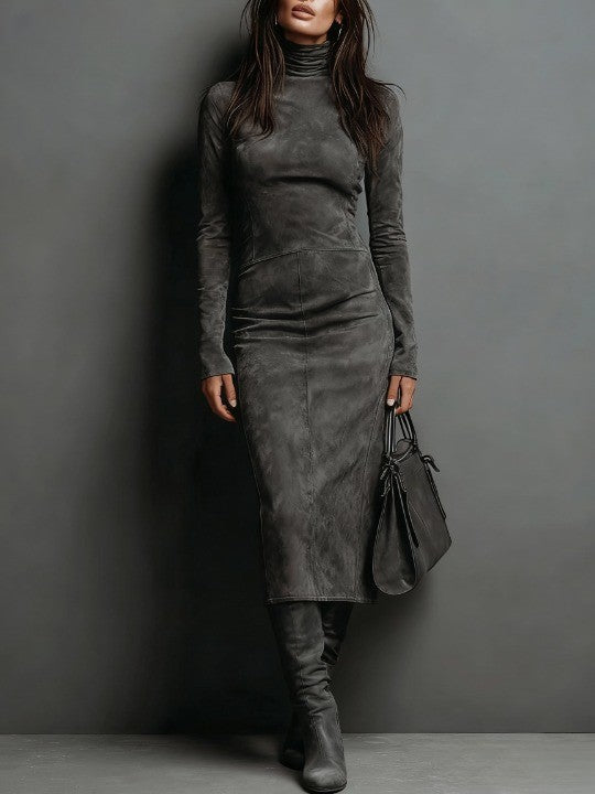 Ilenia - abito Midi Scamosciato a Collo Alto da donna, colore grigio scuro