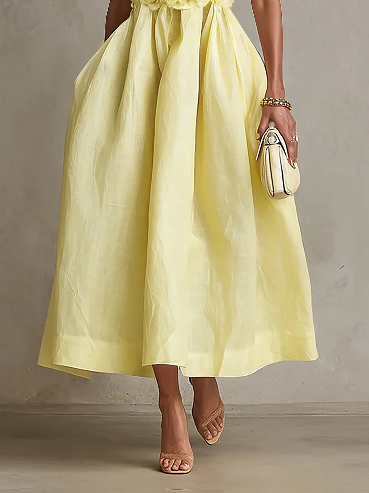 Gelsomina - abito Midi a Fascia con Fiori Applicati da donna, colore giallo limone, vista 3