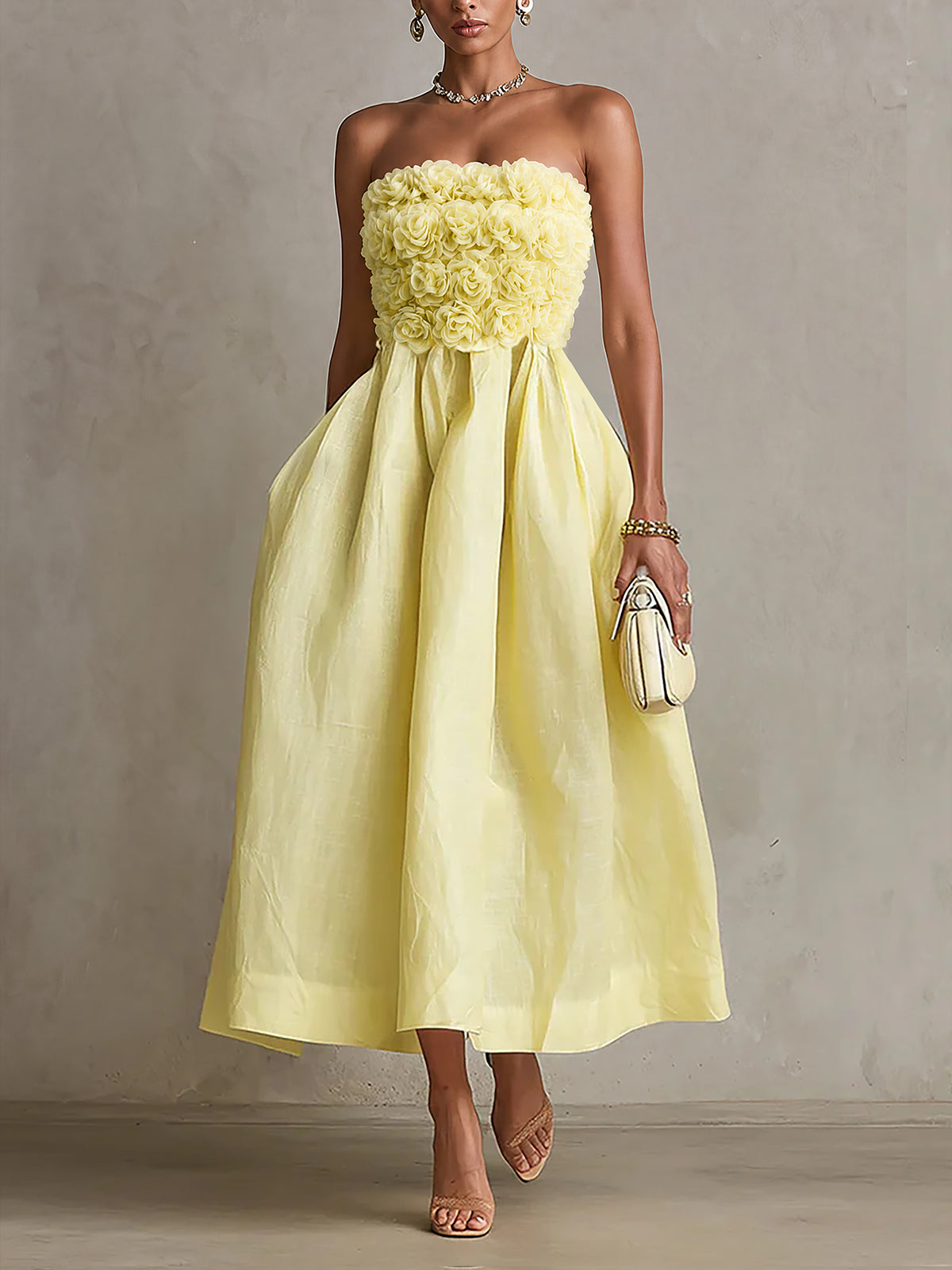 Gelsomina - abito Midi a Fascia con Fiori Applicati da donna, colore giallo limone
