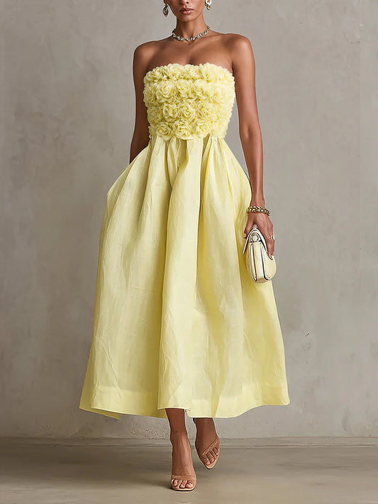 Gelsomina - abito Midi a Fascia con Fiori Applicati da donna, colore giallo limone