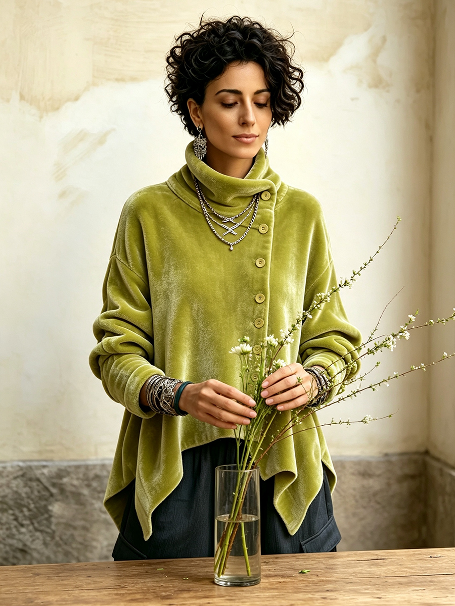 Alina - top asimmetrico in velluto da donna, colore verde, vista 5