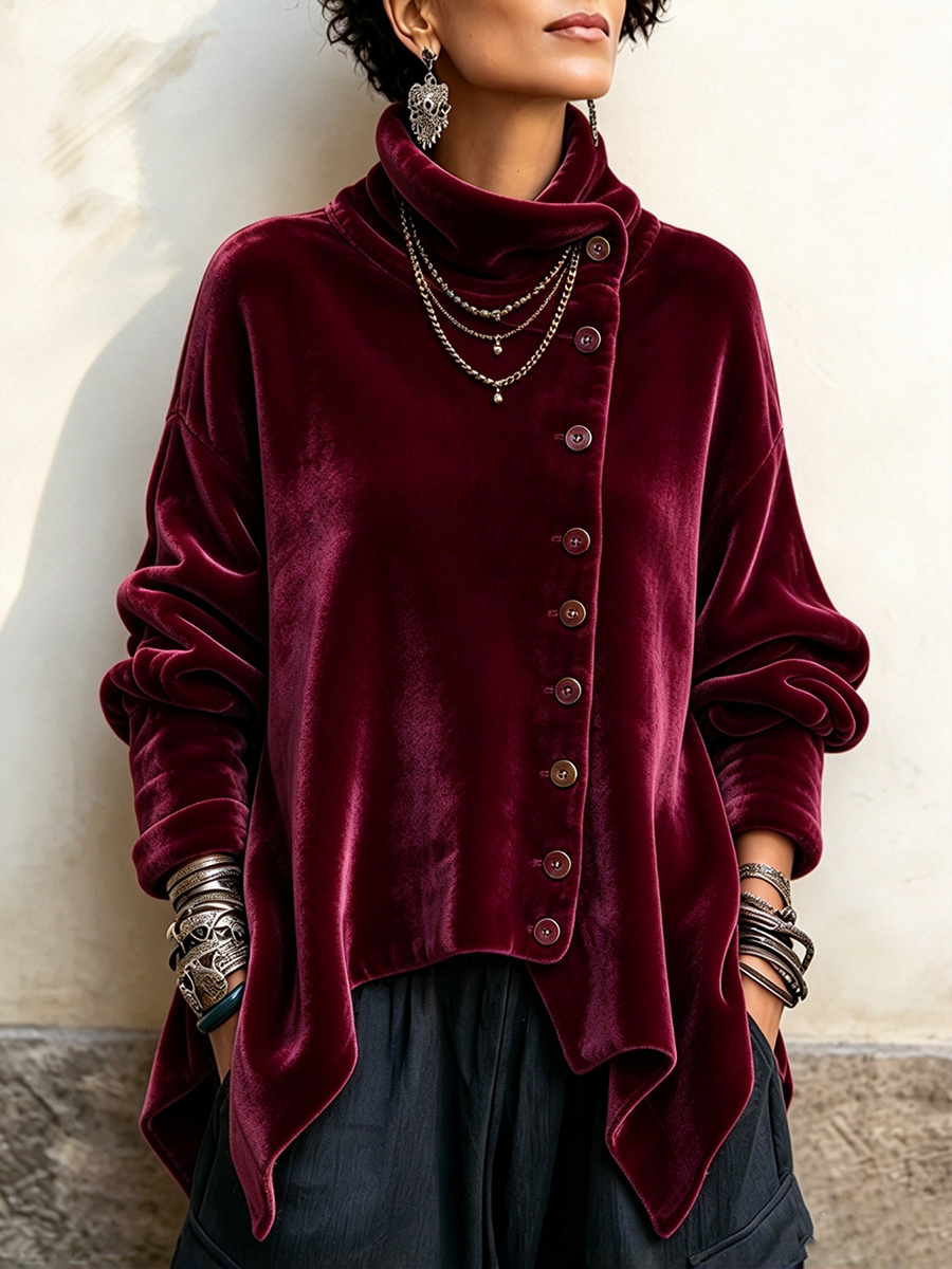 Alina - top asimmetrico in velluto da donna, colore bordeaux