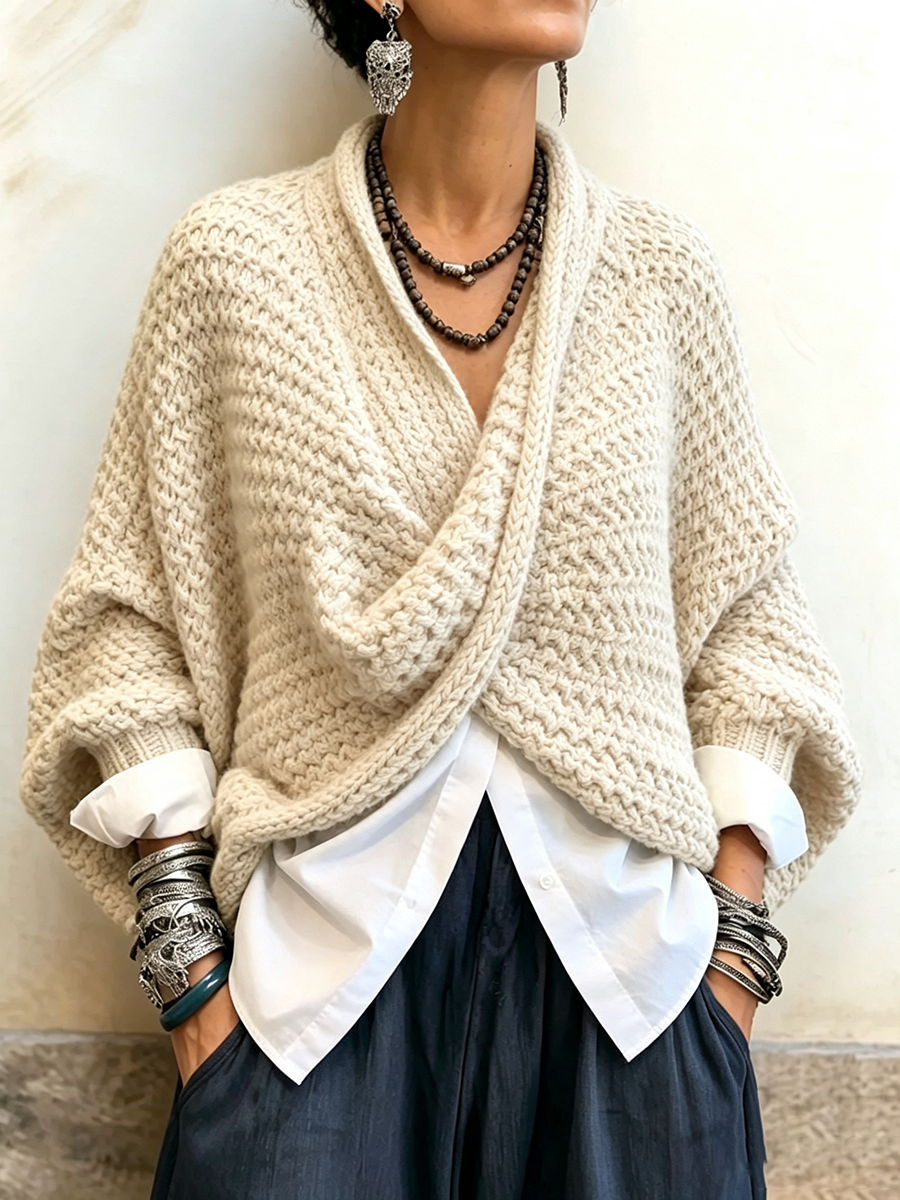 Edoarda - maglione incrociato da donna, colore avorio
