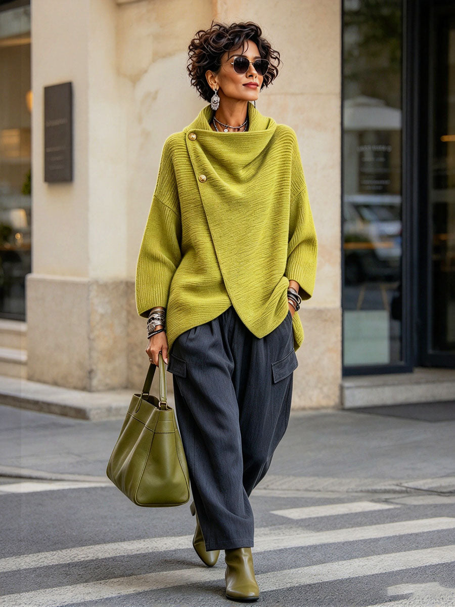 Penelope - maglione asimmetrico in maglia da donna, colore verde, vista 2