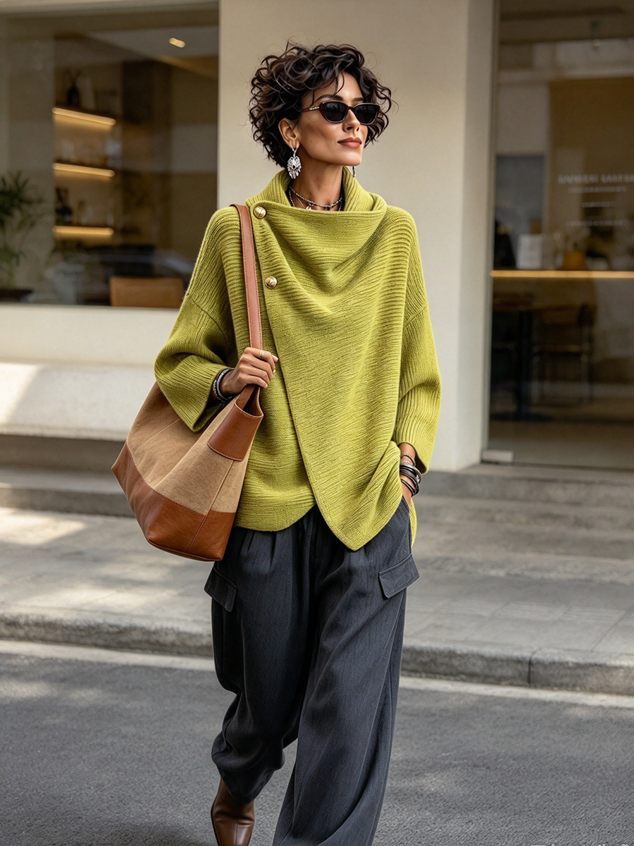 Penelope - maglione asimmetrico in maglia da donna, colore verde