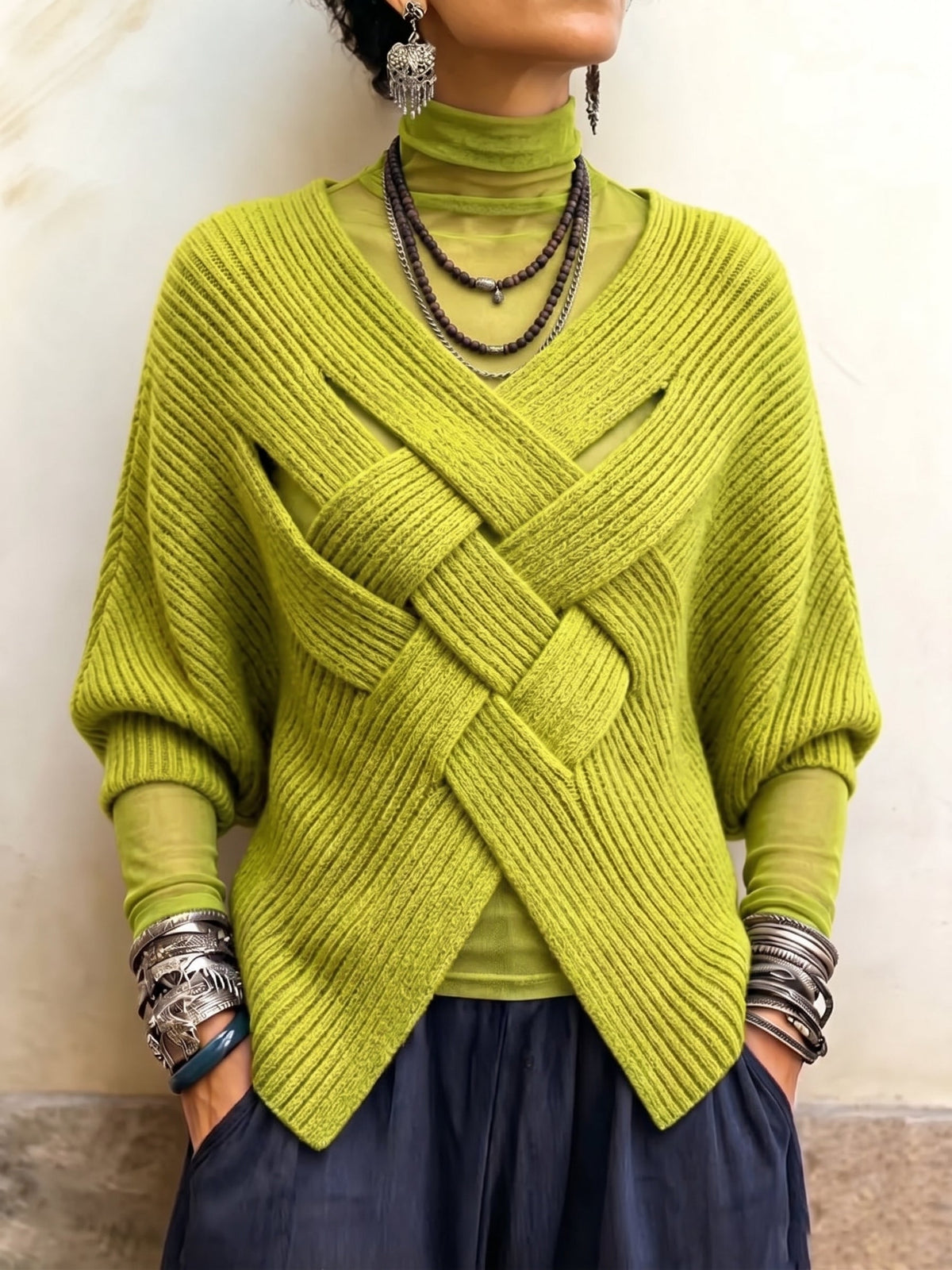 Ivonne - maglione a coste con strisce incrociate da donna, colore verde