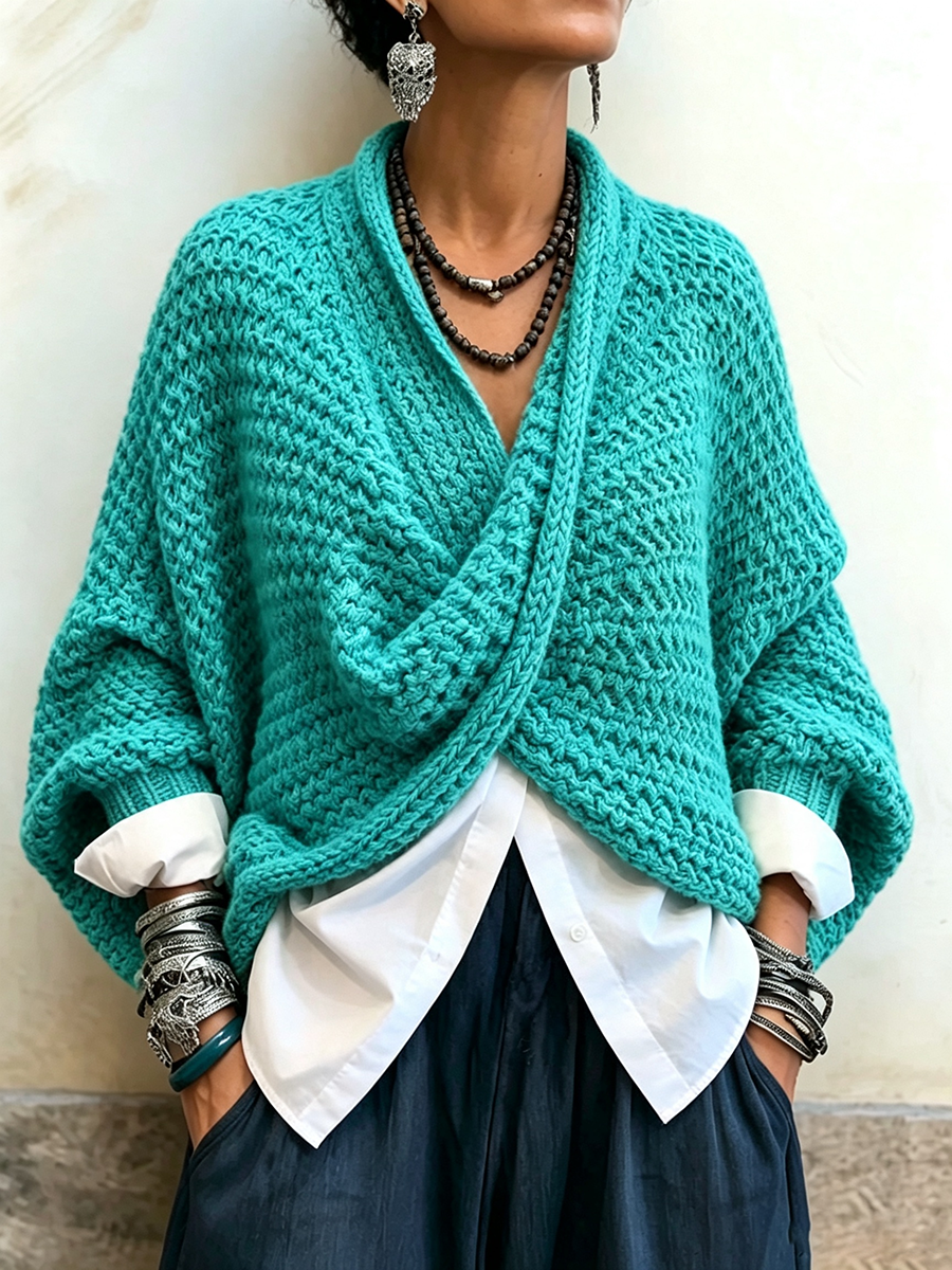 Edoarda - maglione incrociato da donna, colore turchese