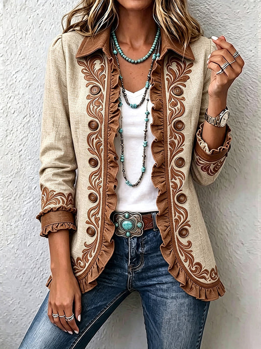 Adelaide | Giacca Bohémien Fiorita Vintage Cammello e Marrone con Rouches