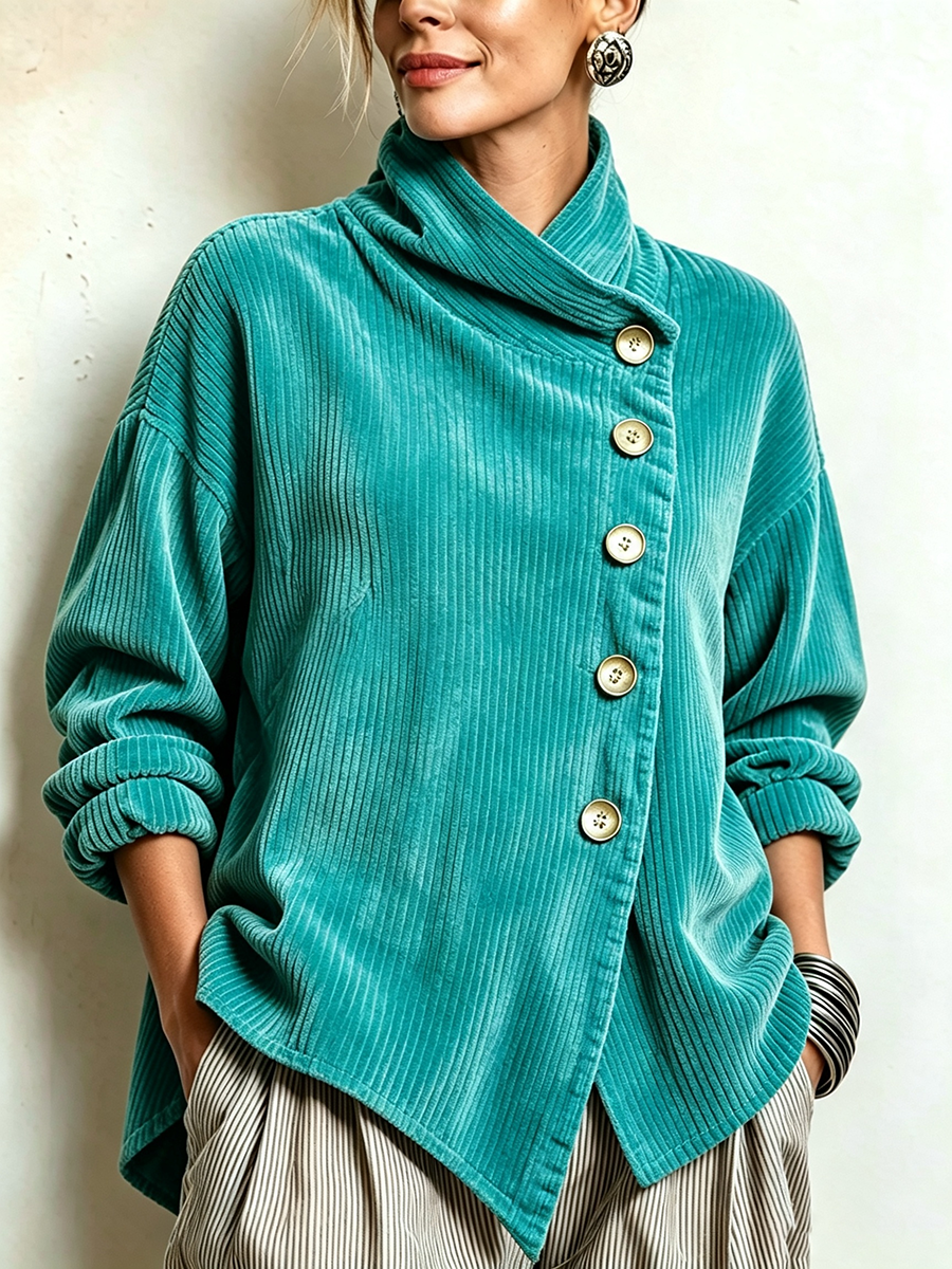 Diana - top asimmetrico in velluto a coste da donna, colore turchese