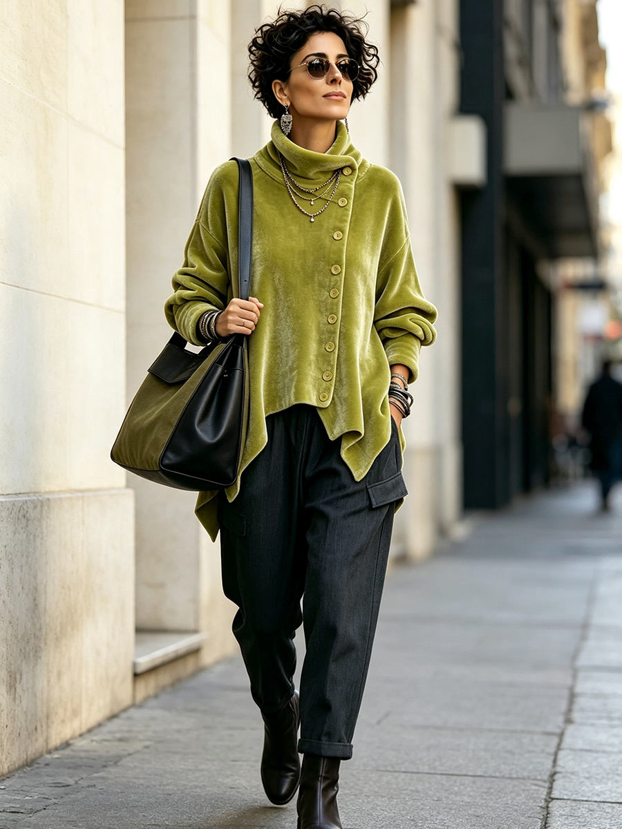 Alina - top asimmetrico in velluto da donna, colore verde, vista 4