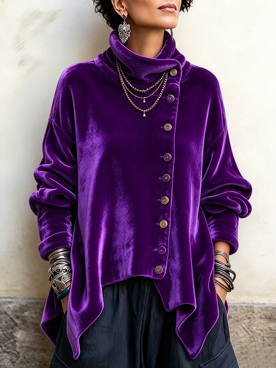 Alina - top asimmetrico in velluto da donna, colore viola