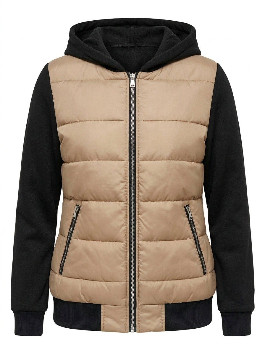 Renata - Giacca imbottita con cappuccio Beige e Nero, fronte