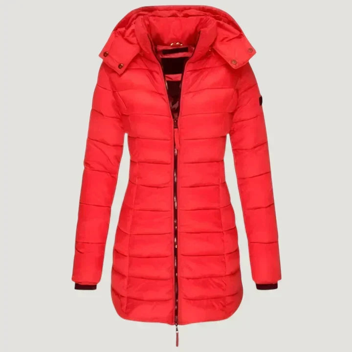 Sibilla - giacca invernale lunga imbottita da donna, colore rosso